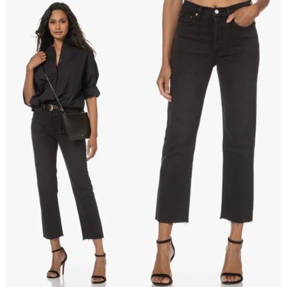 Re/Done Denim - Redone Jeans Womens 26 70s Stovepipe Straight Leg Cropped Black Raw Hem Retro
